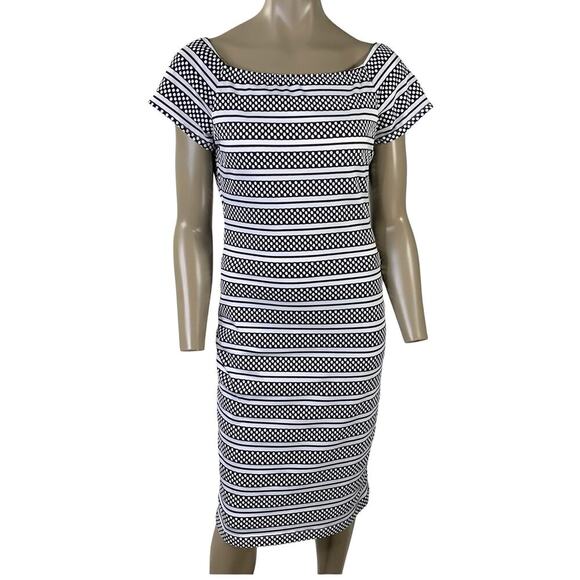 Bisou Bisou Short Sleeve Polka Dots Striped Sheath Dress Size 14 Black & White - Picture 1 of 15